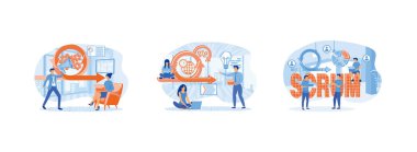 Yazılım geliştirme. Scrum toplantısı laptopta çalışıyor. Scrum Framework. Scrum çerçeve düz vektör modern illüstrasyonunu ayarla