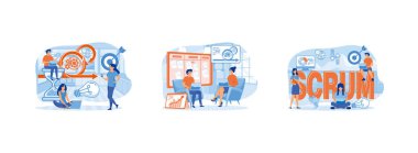 İş toplantısı. Yazılım geliştirme şeması. Scrum Framework. Scrum çerçeve düz vektör modern illüstrasyonunu ayarla