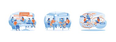 Bir grup insan iş konuşuyor. İş arkadaşlarıyla toplantı. İş konuşmaları, haberler. İş görüşmesi düz vektör modern illüstrasyon