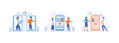 Mobil teletıp akıllı telefon uygulaması, elektronik sağlık kayıtları, sağlık hizmetlerini yönetmek için kullanışlı mobil cihaz. Elektronik Sağlık Servisi düz vektör modern illüstrasyonunu ayarladı