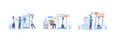 Doktorlar, bir akıllı telefondaki tıbbi uygulamayı, Medicine online servisini ya da platformunu kullanan hastaları, akıllı telefon ekranındaki Doktor görüntülerini inceliyor. Çevrimiçi Tıbbi Danışmanlık düz vektör modern illüstrasyonunu ayarladı