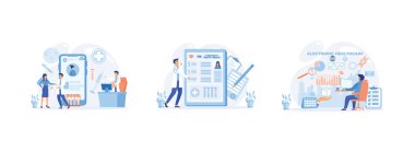 Hasta sağlık kayıtları, insanlara yardım eden doktor, dijital hasta tableti tableti, erkek doktor, elektronik sağlık konsepti ve modern bezel ücretsiz akıllı telefon. Elektronik Sağlık Servisi düz vektör modern illüstrasyonunu ayarladı