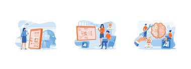 Yapay zeka. Bilgisayar ekranında sinirsel ağı olan dijital beyin. Yapay zeka, makine öğrenme, analiz bilgileri. Yapay zeka yapay vektör modern illüstrasyonunu ayarladı