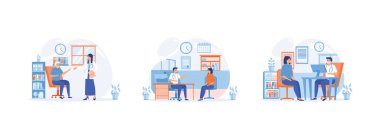 Geriatrist bir doktorla, pratisyen bir doktorla ve hastane muayenehanesinde genç bir kadınla ve monitörle masada oturan bir fizikçiyle istişare. Tıbbi Danışmanlık düz vektör modern illüstrasyonunu ayarladı