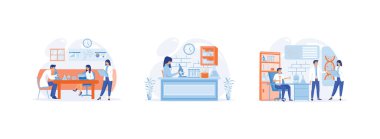 Profesyonel bilim adamları, Tıbbi testler Mavi Kimya Laboratuar Analiz Laboratuvarı Kadın Laboratuar Asistanı, Mikroskop, Tıp Bürosu, Laboratuvar. Laboratuvar düz vektör modern illüstrasyonunu ayarladı