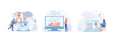 Çeşitli öğeler ve sembollerle illüstrasyon, girişim stratejisi geliştirme, stratejik iş kararları almak için analitik bilgi edinme. İş Zekası düz vektör modern illüstrasyonunu ayarladı