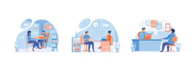 İş arayan ve işveren masaya oturur ve konuşur. İş kadını adayla görüşür, İK yöneticisi ve adayıyla konuşur. İş görüşmesi düz vektör modern illüstrasyonunu ayarladı