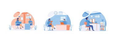 Dizüstü bilgisayarı olan genç bir kadınla konuşan bir adam, iş görüşmesi yapan bir kadın, bilgisayarında genç bir kadınla konuşan bir adam. İş görüşmesi düz vektör modern illüstrasyonunu ayarladı