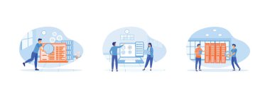 Yönetim bilgi sistemi, Belge yönetimi soyut kavram, insanların bilgi ve analiz verileri fikri. Veri yönetimi düz vektör modern illüstrasyonunu ayarladı