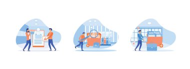 Veritabanı, arama bilgileri, bilgi depolama ve indeksleme, çalışanlar büyüteç, depolama ve bilgi indeksleme kullanır. Depolama düz vektör modern illüstrasyonunu ayarla