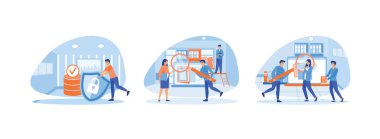 Kalkan ve sunucu ya da sabit disk tutan adam veritabanında dosyaları arıyor, büyüteç kullanıyor ve elektronik veritabanındaki dosyaları arıyor. Veritabanı düz vektör modern illüstrasyonunu ayarladı