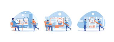 Ticari finans yatırım konsepti için veri analizi. Denetleme paneli üzerinde çalışan iş adamları takımı ve iş finans yatırım konsepti. Veri analizi düz vektör modern illüstrasyonunu ayarladı