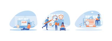 Veri koruma kavramı dizüstü bilgisayarı, dosya bağlantı kalkanı işareti, hacker saldırılarından kişisel veriler, kişisel verileri çalan hackerlar. Veritabanı düz vektör modern illüstrasyonunu ayarladı