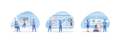 Ofis çalışanları evrim ölçeğinin analizini, satış yönetiminin diyagramlarını, mobil web sitesinin gelişimini inceliyorlar. Veri analizi düz vektör modern illüstrasyonunu ayarladı