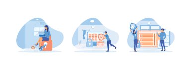 Korumalı erişim kontrolü, koruma ağı erişim konsepti, insan karakterli düz veri güvenlik sistemi konsepti. Siber güvenlik düz vektör modern illüstrasyonunu ayarladı