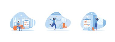 İşadamı aylık maaş almaktan mutlu, iş kadınlarının iş için para alması, finansal büyüme fikri, iş geliştirme, maaş. Etkin gelir düz vektör modern illüstrasyon