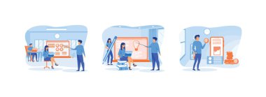 Finans okuryazarlığı öğrenen bir iş adamı. Muhasebeci projeleri sunar, istatistikleri analiz eder ve parayı yönetir. Finansal eğitim düz vektör modern illüstrasyonunu belirledi