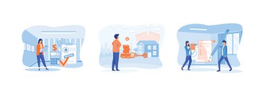 Yatırım. Adam belgeleri imzalar ve evin anahtarlarını alır. Banka onayı. İpotek süreci düz vektör modern illüstrasyonunu ayarladı