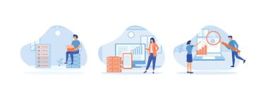 Uzak sunucular dizüstü ve bilgisayar. Büyük veri setleri analiz ediliyor. Hataları fark etmek. Bulut Hesaplama 1 düz vektör modern illüstrasyonunu ayarladı