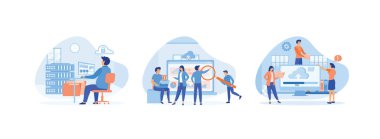 Teknoloji depolama ve bulut sunucu servisi. Veri merkezi depolama sunucuları. Dosyayı indir. Bulut Hesaplama 3 düz vektör modern illüstrasyonuName