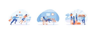 Büyük indirimler. İnternetten alışveriş. Mağazadaki büyük satışı kutluyoruz. Büyük İndirim düz vektör modern illüstrasyonunu ayarladı