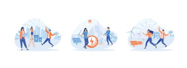 Ekoloji konsepti. Erkek kadın rüzgar türbinlerinin yanında duruyor. Güneş panellerinin yenilenebilir ekolojisi. Ekoloji 1, düz vektör modern illüstrasyonunu ayarla