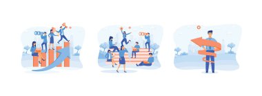 Takım çalışması gelirin artmasına, kariyer hedeflerine ve başarıya ulaşmasına, yükselen spiral okla kariyerin ve kişisel gelişimin artmasına yardımcı olur. İş geliştirme düz vektör modern illüstrasyon ayarladı