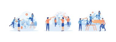 İnsanlar bayram için hazırlanıyor, Dünya Çevre Günü, İnsanlar tatil için hazırlanıyor, gezegeni kirlilikten kurtarıyorlar. Bio Teknoloji düz vektör modern illüstrasyonunu ayarladı