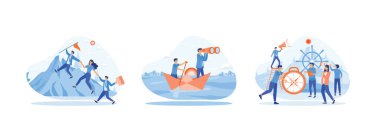 Lider takımın uçuruma tırmanmasına ve hedeflerine ulaşmasına yardım ediyor, dürbünlü iş adamı lideri Origami gemisinde yelken açıyor, liderlik vasıfları yaratıcı bir takımda, liderlik düz vektör modern illüstrasyon belirledi