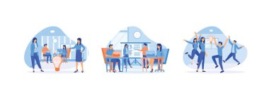 Ampul fikirleri olan yaratıcı yaratıcı insanlarla tanışmak, takım projesi, beyin fırtınası, karantina sırasında takım çalışması, beyin fırtınası. Beyin fırtınası düz vektör modern illüstrasyon