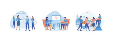 İş adamları çözüm buluyor, şirkette birlikte çalışıyor, beyin fırtınası yapıyor, insanlar yeni çözümler buluyor. Beyin fırtınası düz vektör modern illüstrasyon