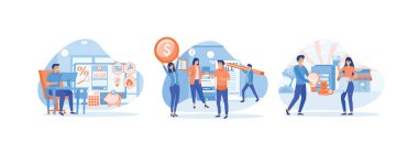 Bilgisayarındaki faturaları kontrol edip ödemesi, faturaları ödemesi, kadın ve erkeklerin birlikte kamu hizmetlerini ödemesi. Kamu hizmeti faturaları düz vektör modern illüstrasyonunu belirledi