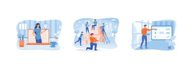 Çevrimiçi asistan, sanal yardım servisi, yeni fikirler arayan insanlar, şirkette birlikte çalışmak, beyin fırtınası, işbirliği. Çevrimiçi asistan (1) düz vektör modern illüstrasyonunu ayarla