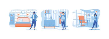 Otel işleri. Üniformalı bir otel görevlisi, temizlik odaları ve yiyecek teslimatı. Otel servisi kadın işleri, otel yönetimi. Otel işleri düz vektör modern illüstrasyonunu ayarladı