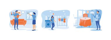 Otel müdürü eğitim personeli. Bayan otel personeli çamaşırhane servisi. Otel garsonu ziyafet veriyor. düz vektör modern illüstrasyon