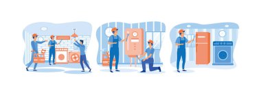 Memurlar evde makineleri tamir ediyor. Bozuk su ısıtıcısını tamir ediyor. Çamaşır makinesi ve buzdolabı elementleriyle tamirat servisi. Ev onarımı seti düz vektör modern illüstrasyon