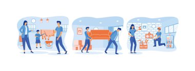 Ev onarımı konsepti. Mutlu genç adam kanepe mobilyalarını odaya taşıdı. Duvar kağıdını değiştirip onarıyor. Ev onarımı seti düz vektör modern illüstrasyon