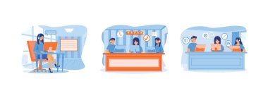 Müşteri hizmetleri, yardım hattı operatörleri müşterilere, müşteri destek departmanı personeline, kulaklık takan müşterilere danışmanlık yaparlar. Yardım hattı operatörü düz vektör modern illüstrasyonunu ayarladı