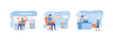 Evden, öğrenciden ya da serbest çalışanlardan, bir dizüstü bilgisayarın arkasında çalışan, uzaktan çalışan, çalışan çizelgesi olan biri. İçişleri Bakanlığı düz vektör modern illüstrasyonunu ayarladı