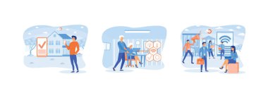 Akıllı ev kontrolü. Dijital tablette uzaktan kontrol sistemi. Apartman binalarını internete bağlamak, tabletle kontrol etmek. Akıllı ev 1 düz vektör modern illüstrasyon