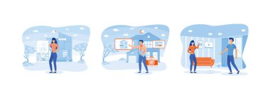 Sanal emlak katı planları, emlak katı planı yapan bir adam, gayrimenkul planlarını sanal olarak yapan bir adam. Gayrimenkul işi 2 düz vektör modern illüstrasyonunu ayarladı