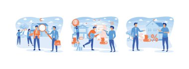 Emlak işi konsepti, ev kredisi, emlak yatırımları, ipotek kredisiyle ev satın alan insanlar, emlak yatırımları. Gayrimenkul işi 2 düz vektör modern illüstrasyonunu ayarladı