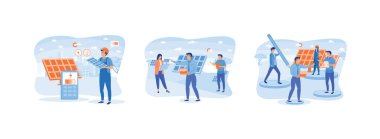 Güneş enerjisi paneli sistemi. Güneş modüllerinin kurulumu. Saha servis teknisyenleri. Güneş enerjisi panelleri düz vektör modern illüstrasyonunu ayarladı