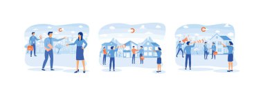 Grup yatırımcılarıyla yapılan iş yeri yatırımları, gayrimenkul işi konsepti, ev sunumu. Gayrimenkul işi 1 düz vektör modern illüstrasyonunu ayarladı