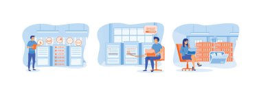 İzleme araçlarıyla sunucu bakımı. Güncelleme ve optimizasyon bilgisayar sistemleri. Sunucu odasında bulut hesaplama ayarları. Sunucu bakımı düz vektör modern illüstrasyonunu ayarladı