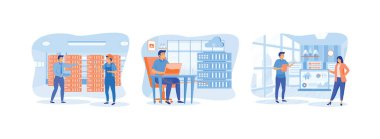 Veri Merkezi Servisi. Teknisyen sunucu odası çantalarında çalışıyor. İş teknolojisi bulut bilgisayarı. Veri merkezi düz vektör modern illüstrasyonunu ayarla