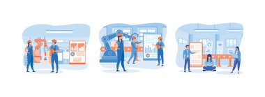 Akıllı Fabrika. İşçilerle üretim hattı. Medya verilerini bir sistemle paylaşmak. Akıllı endüstri düz vektör modern illüstrasyon ayarladı