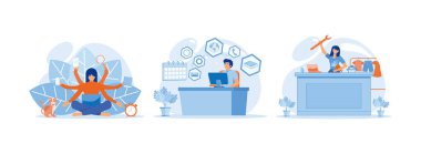 pozisyon ve aynı anda birçok iş yapmak, aile hayatı arasındaki dengeyi sağlayan ofis çalışanı ile dizüstü bilgisayarında oturan çoklu görev becerileri. Çoklu görev, düz vektör modern illüstrasyonunu ayarladı