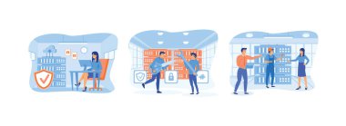 Sunucu bakım desteği. Sunucu güvenliği kavramı. Sunucu aygıtındaki onarımlar. Sunucu bakımı düz vektör modern illüstrasyonunu ayarladı