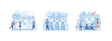 Çevik proje yönetimi konsepti, iş konsepti geçmişi, çevik görsel proje yönetim yöntemi, takım çalışması konsepti. Proje Yönetimi düz vektör modern illüstrasyonunu ayarladı